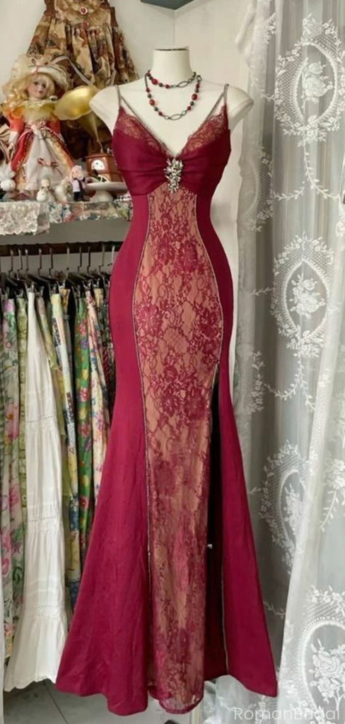 Elegant Red Spaghetti Strap Mermaid Long Prom Dress Ideas, Evening Party Dresses, OLP1311