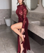 Sexy Red Halter Long Sleeve Mermaid Side Slit Long Prom Dress Ideas, Evening Party Dresses, OLP1377