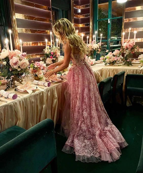 Unique Pink Sweetheart High Low Applique Long Prom Dress Ideas, Evening Party Dresses, OLP1389