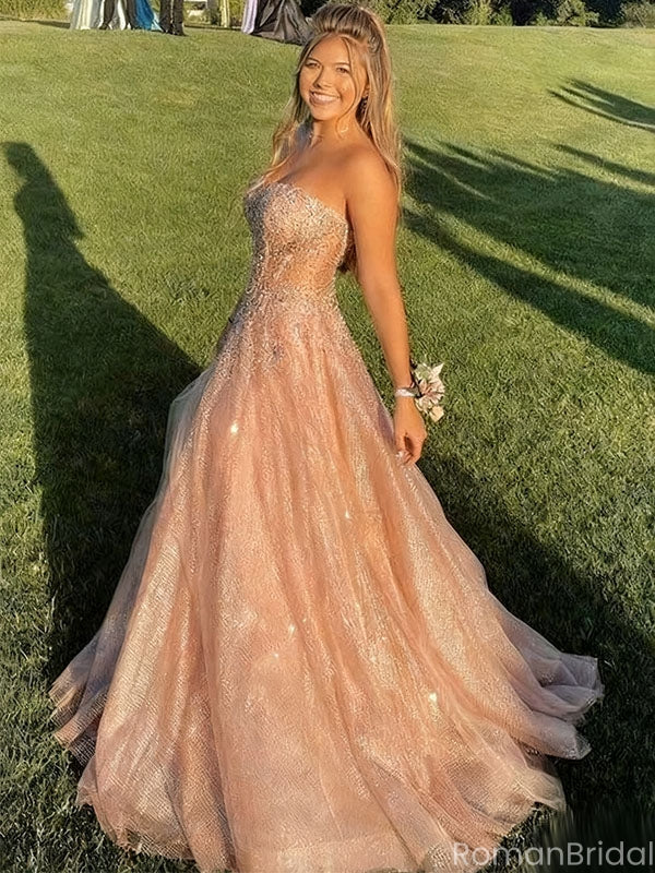 Shiny Pink Sweetheart A-Line Long Prom Dress Ideas, Evening Party Dresses, OLP1271