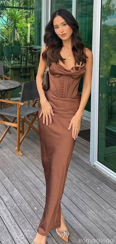 Elegant Brown Spaghetti Strap Mermaid Long Prom Dress Ideas, Evening Party Dresses, OLP1378