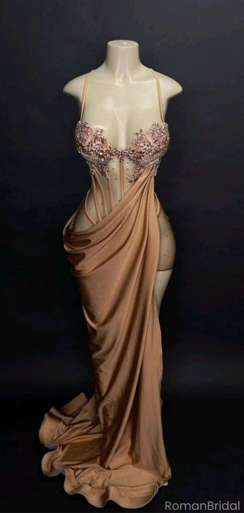 Sexy Glod Spaghetti Strap Mermaid Long Prom Dress Ideas, Evening Party Dresses, OLP1312