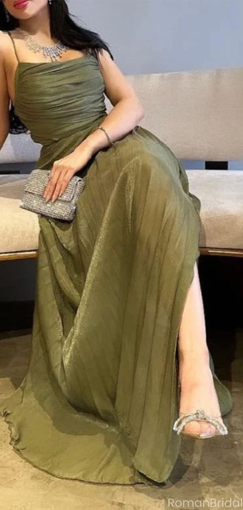 Elegant Green Spaghetti Strap A-Line Long Prom Dress Ideas, Evening Party Dresses, OLP1352