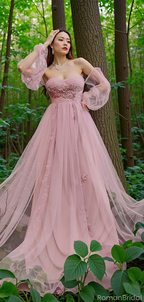 Sexy Pink Sweetheart Floral A-Line Long Prom Dress Ideas, Evening Party Dresses, OLP1298