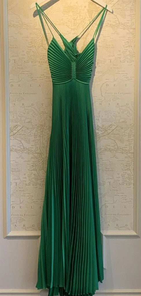 Elegant Green Spaghetti Strap A-Line Long Prom Dress Ideas, Evening Party Dresses, OLP1254