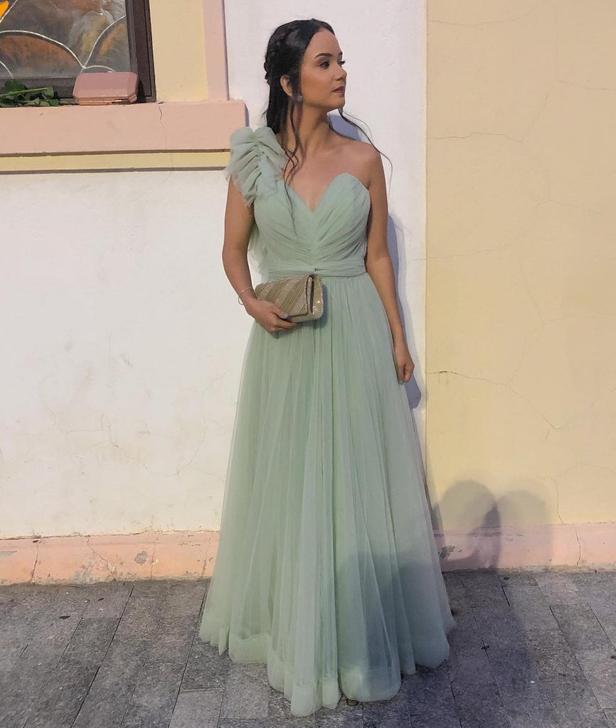 Popular Floral Green V-Neck A-Line Sleeveless Long Prom Dress Ideas, Evening Party Dresses, OLP1323