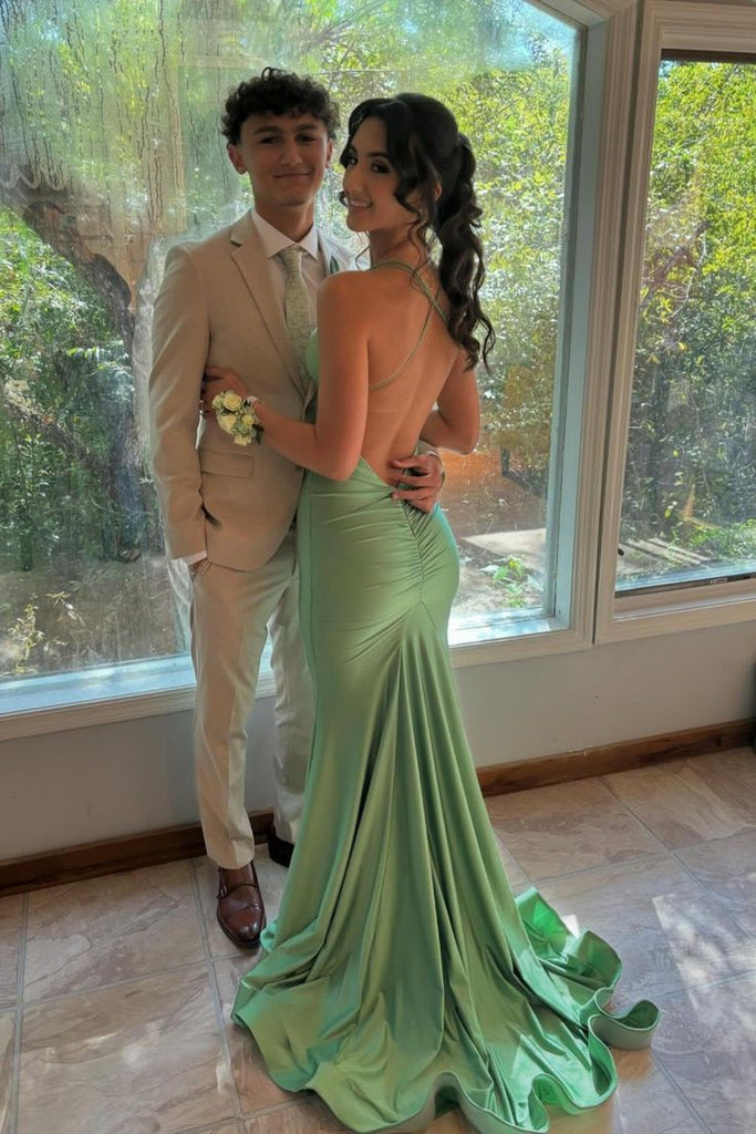 Sexy V-neck Sleeveless Mermaid Satin Evening Prom Dresses Online, OLP1124