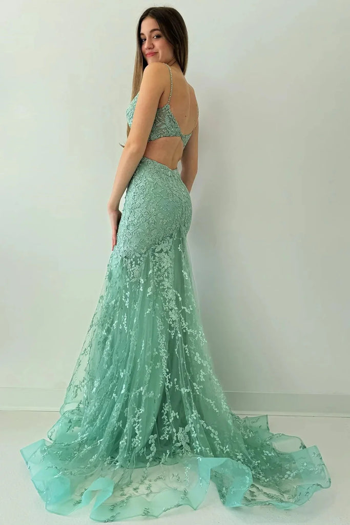 Charming Spaghetti Straps V-neck Mermaid Mint-green Long Evening Prom Dress Online, OL041