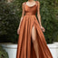 Elegant Spaghetti Straps A-line Burnt Orange Satin Long Evening Prom Dress with Side Slit, OL037
