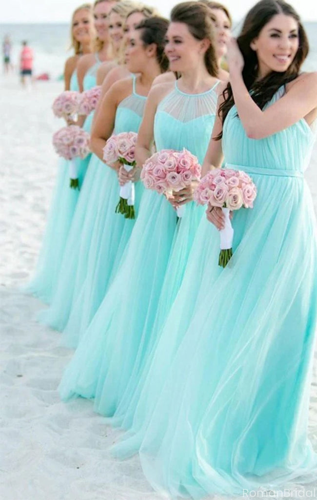 Unique Mint Green Halter Sleeveless A-Line Long Bridesmaid Dresses Online, BG896