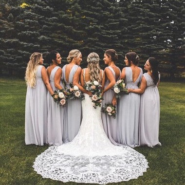 Elegant Gray V-Neck Sleeveless Mermaid Long Bridesmaid Dresses Online , BG880