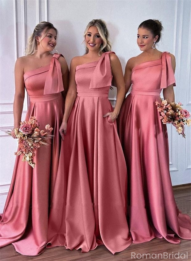 Elegant Pink One-Shoulder Sleeveless Mermaid Long Bridesmaid Dresses Online, BG894