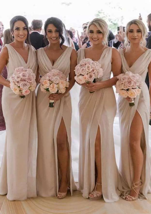 Elegant Beige V-Neck Sleeveless Mermaid Side Slit Long Bridesmaid Dresses Online, BG895