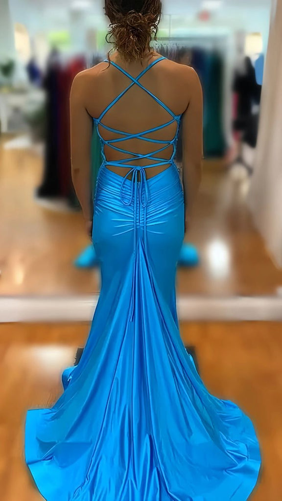 Sexy V-neck Sleeveless Mermaid Satin Evening Prom Dresses Online, OLP1139