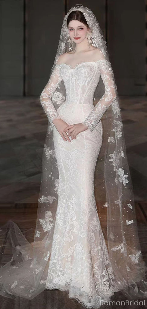 Elegant White Long Sleeve Mermaid Long Wedding Dresses With Sweep Trailing,WD0565