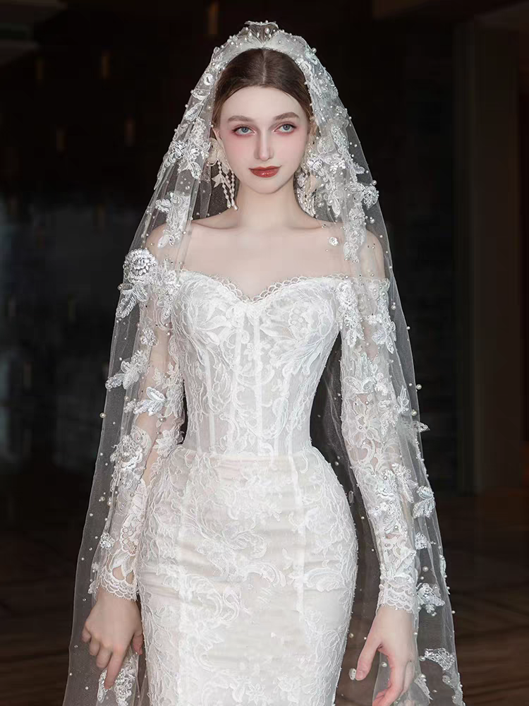 Elegant White Long Sleeve Mermaid Long Wedding Dresses With Sweep Trailing,WD0565