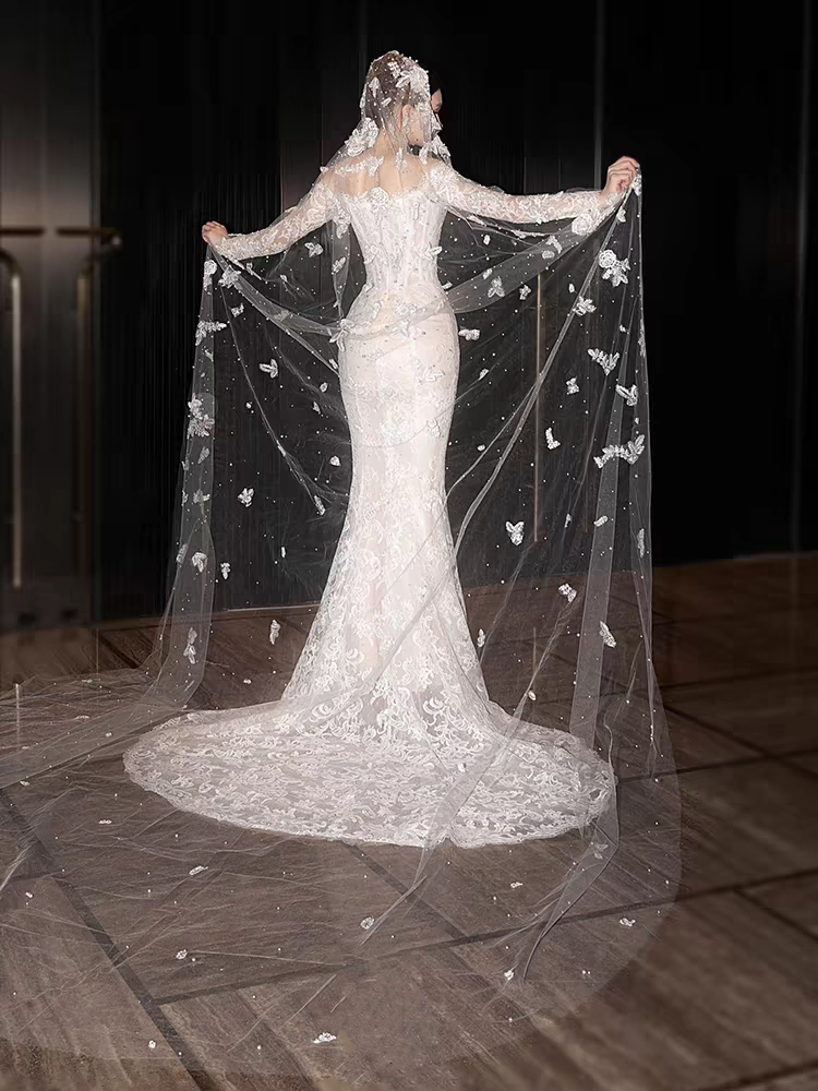 Elegant White Long Sleeve Mermaid Long Wedding Dresses With Sweep Trailing,WD0565