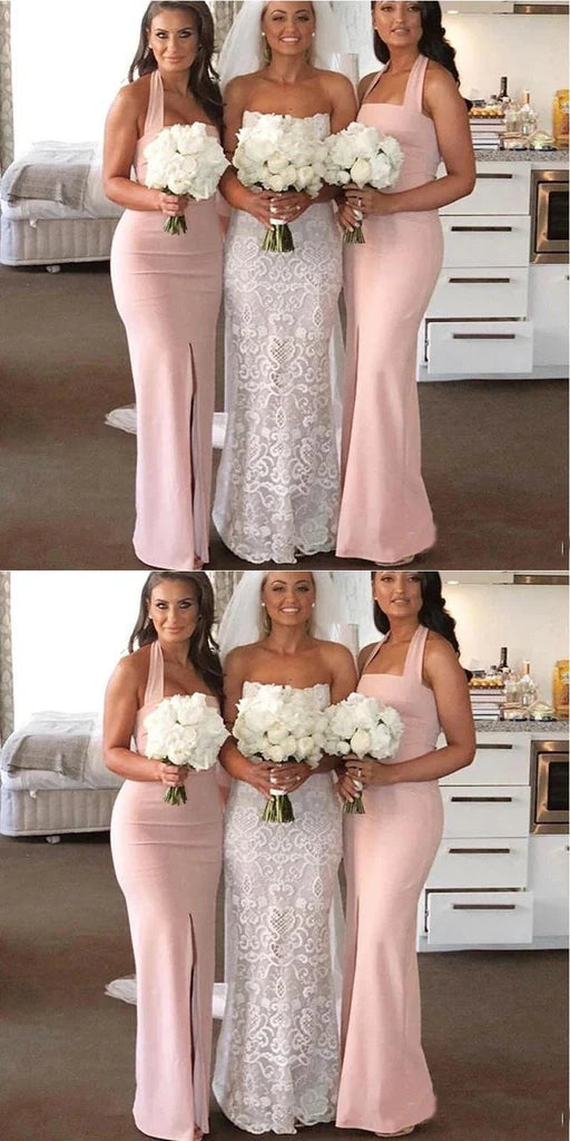 Elegant Halter Mermaid Front Slit Jersey Blush Long Bridesmaid Dresses Online, BG761