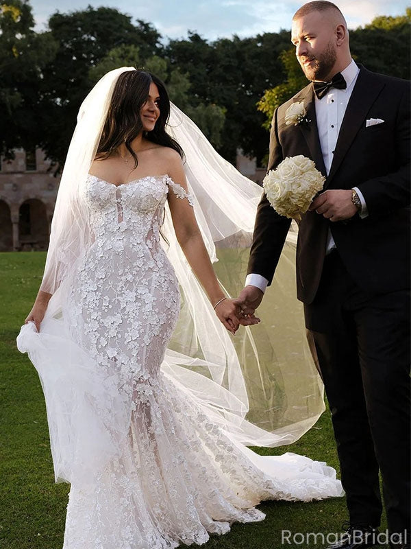 Elegant White Sweetheart Lace Mermaid Long Wedding Dresses With Sweep Trailing,WD0559