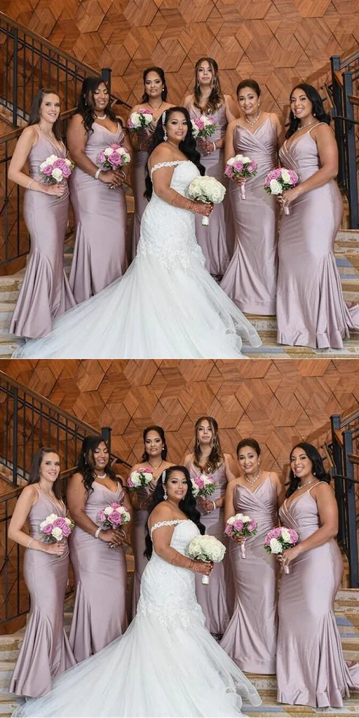 Elegant Mermaid Spaghetti Straps V-neck Satin Long Bridesmaid Dresses Online, BG769