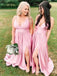 Simple Pink Spaghetti Straps V-neck A-line Bridesmaid Dresses with Side Slit, BG226