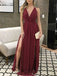 V-neck Backless Burgundy Wine Red Long Side Slit Prom Dresses, BG148