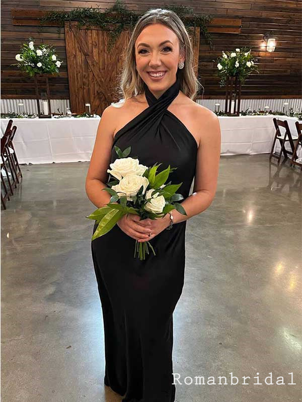 Simple Halter Mermaid Backless Sleeveless Satin Bridesmaid Dresses, BG232