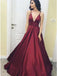 Simple V-neck Floor Length Satin Burgundy Yellow Prom Dress Evening Dress with Pockets, OL591