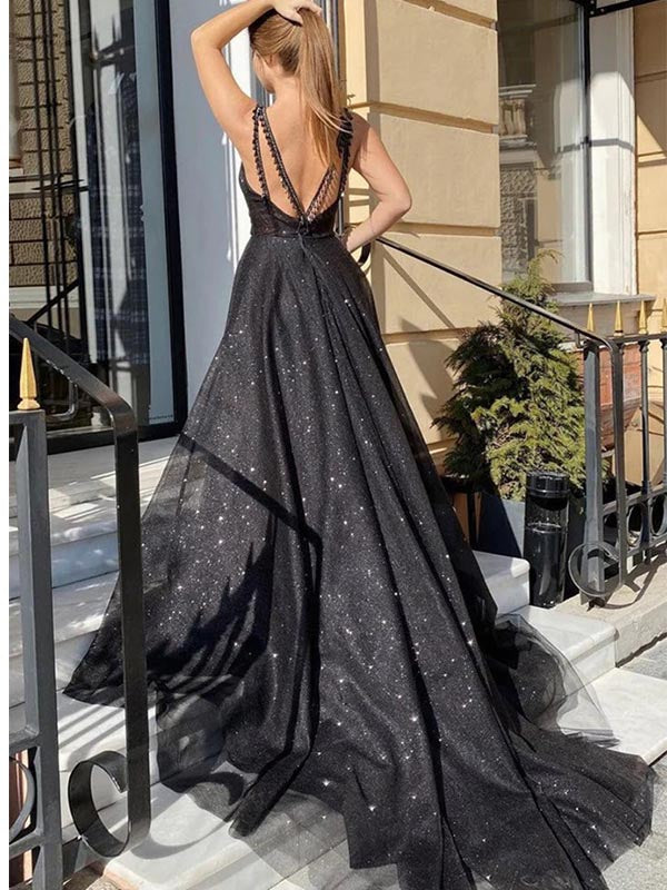 Shiny Tulle V-Neck Open Back Black Long Prom Dresses with High Slit, OL626