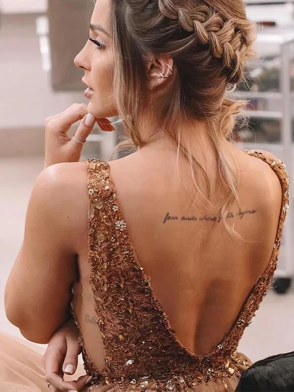 Backless Long A-Line Brown Beaded Sweetheart Tulle Prom Dresses, OL627