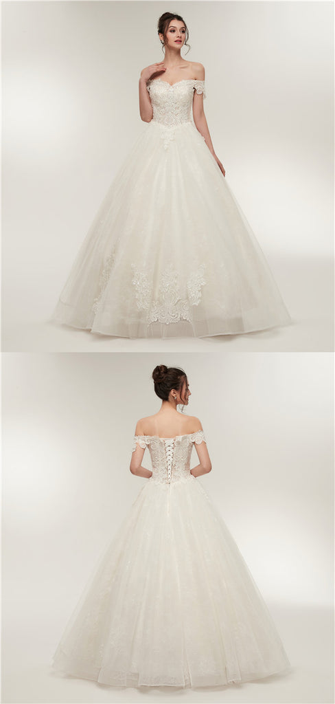 Off-shoulder Lace Appliques Top Organza Ball Gown, Ivory Wedding Dresses, WD0463