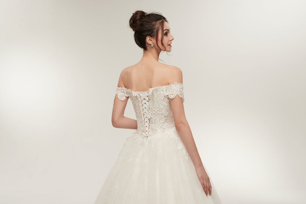 Off-shoulder Lace Appliques Top Organza Ball Gown, Ivory Wedding Dresses, WD0463