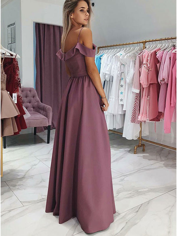 Elegant Off the Shoulder Spaghetti Straps A-line Long Prom Dress Evening Dress with Side Slit, OL656