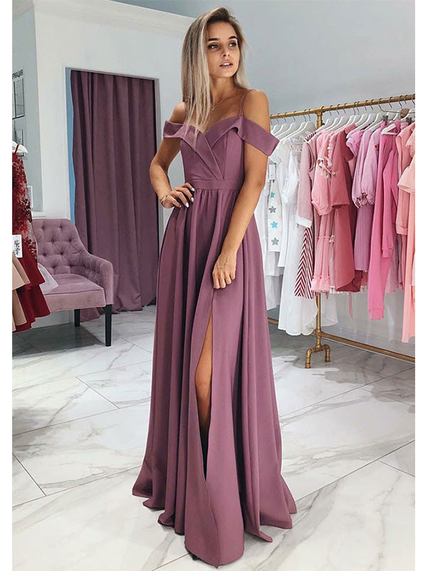 Elegant Off the Shoulder Spaghetti Straps A-line Long Prom Dress Evening Dress with Side Slit, OL656