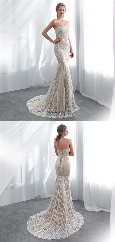 Mermaid Strapless Lace Appliques Lace up Back Wedding Dresses, WD0465