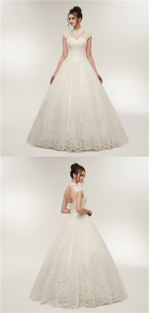 High Neck Cap Sleeves Lace Appliques Beading Open Back Wedding Dresses, WD0464