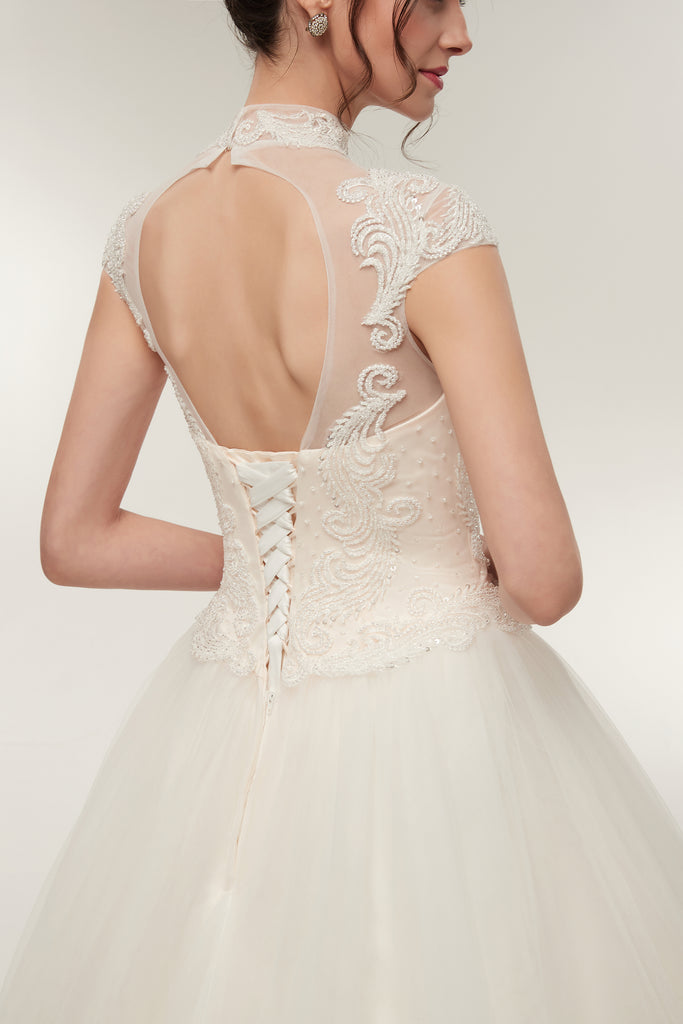 High Neck Cap Sleeves Lace Appliques Beading Open Back Wedding Dresses, WD0464