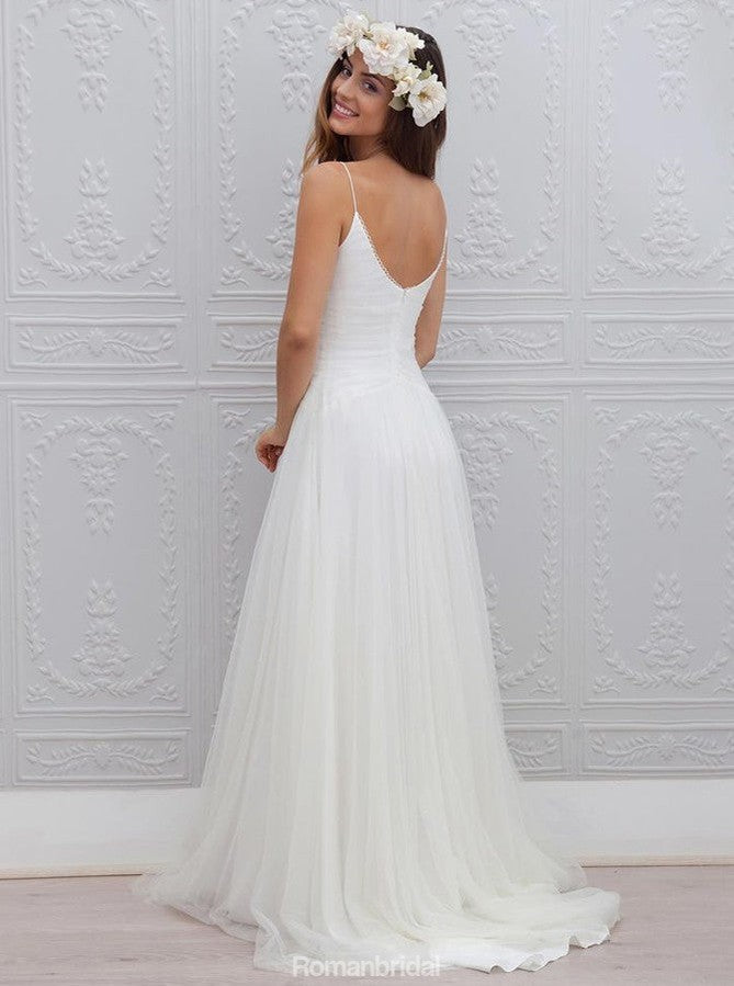 A-Line Spaghetti Straps Sweep Train Sleeveless White Beach Wedding Dress, WD0328