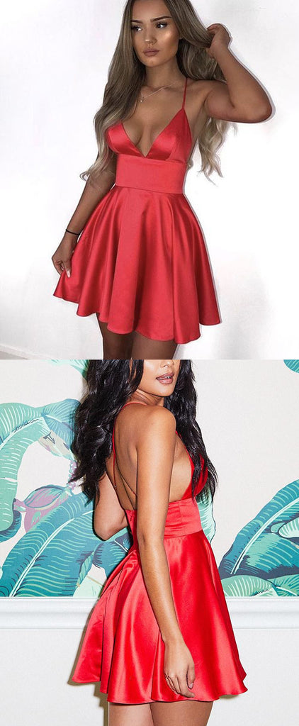 A-line Deep V-neck Spaghetti Straps Backless Homecoming Dresses, HD0519