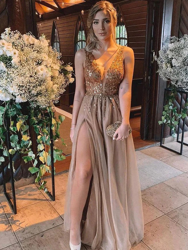 Sparkly V-neck Sequin Tulle Side Slit Long Prom Dresses Formal Dress, OL686