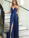 Elegant Spaghetti Straps V-neck Satin Prom Dresses Formal Dress with Side Slit, OL695