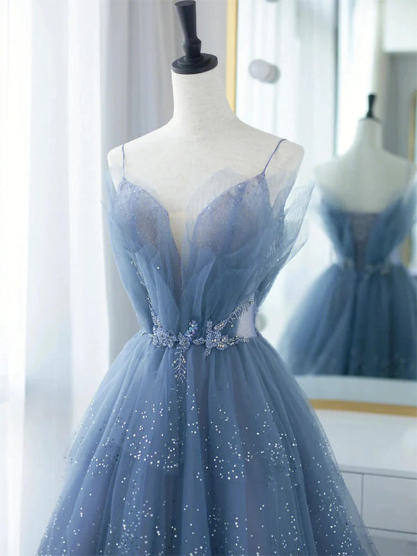 Gorgeous Spaghetti Straps V-neck Blue Tulle A-line Long Prom Dresses Formal Dress, OL735