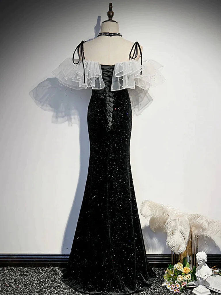 Elegant Black Spaghetti Straps Straight Neck Mermaid Long Prom Dresses Formal Dress, OL738