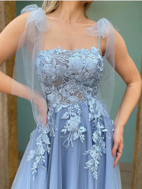 Elegant Tulle Straps Applique A-line Blue Long Prom Dresses Formal Dress, OL741
