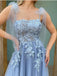 Elegant Tulle Straps Applique A-line Blue Long Prom Dresses Formal Dress, OL741