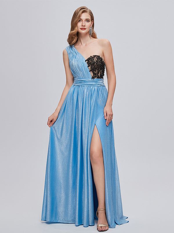 Elegant One Shoulder Black Lace Long Prom Dress with Side Split, WGP191