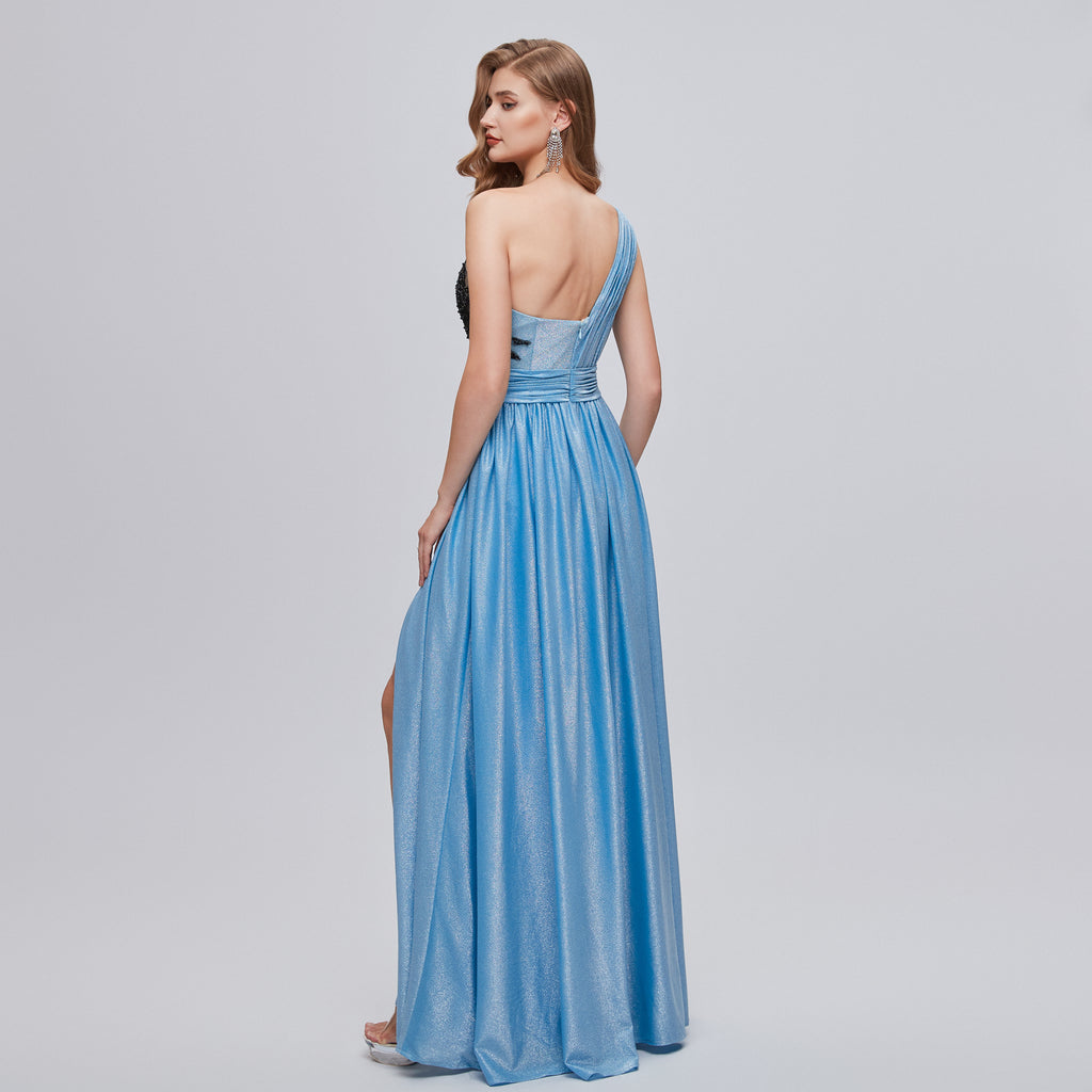 Elegant One Shoulder Black Lace Long Prom Dress with Side Split, WGP191