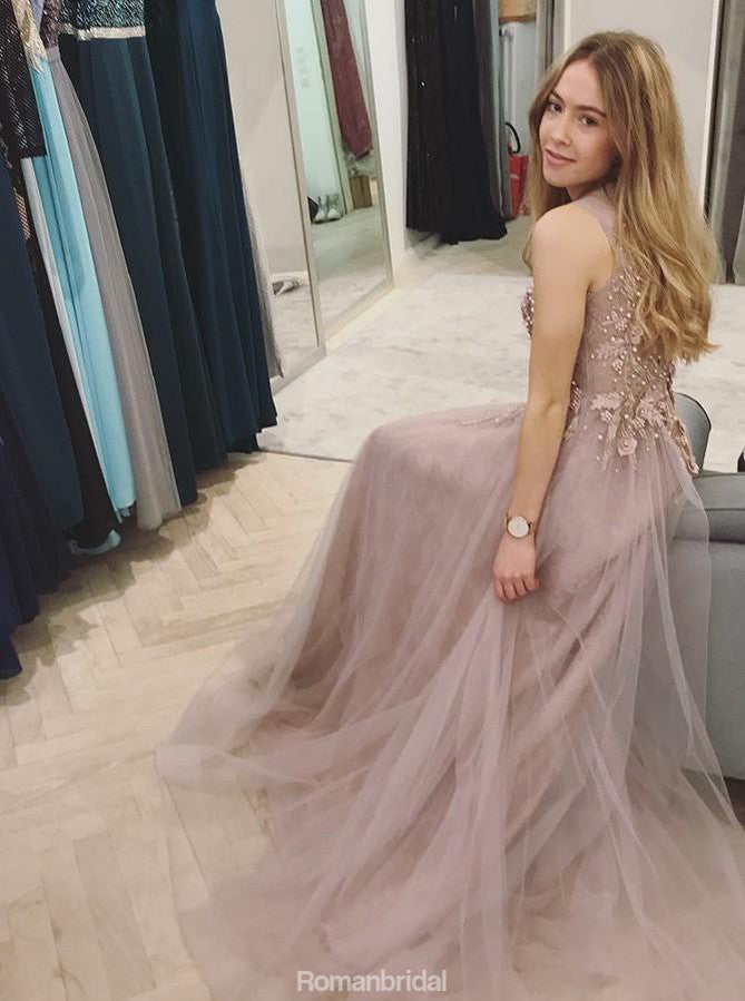 A-Line Round Neck Beading Appliques Top Long Tulle Prom Dress, PD0138