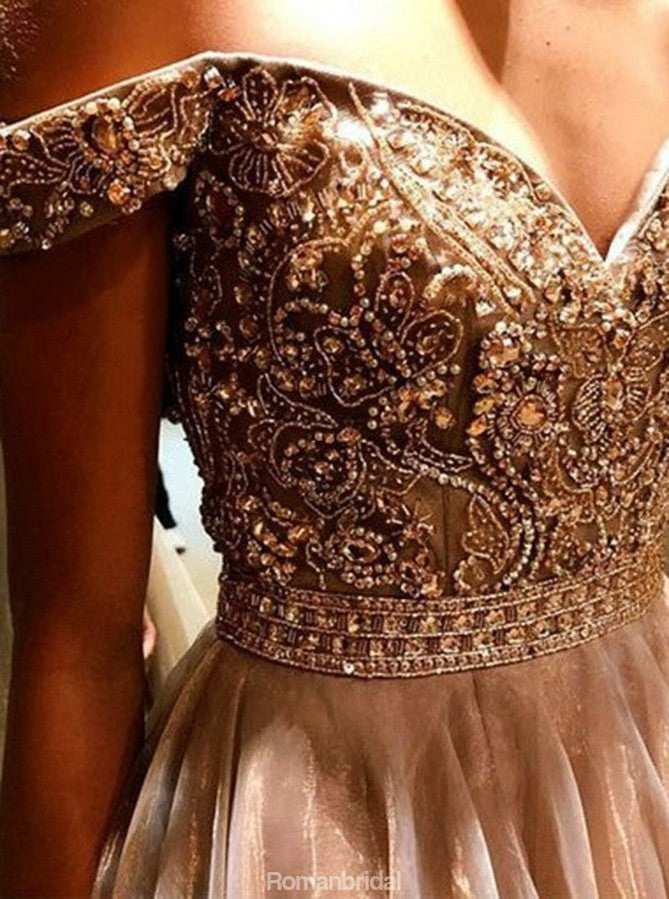 New Arrival A-Line Floor-length Off-Shoulder Tulle Prom gown with Beading,long prom dresses,  PD0528