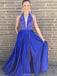 A-Line Deep V-Neck Sleeveless Royal Blue High Split Long Prom Dress, PD0130